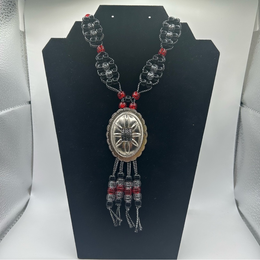 Silver Concho Pendant Necklace w/ Clear, Black & Red Beads - 16" X 2 = 32" long